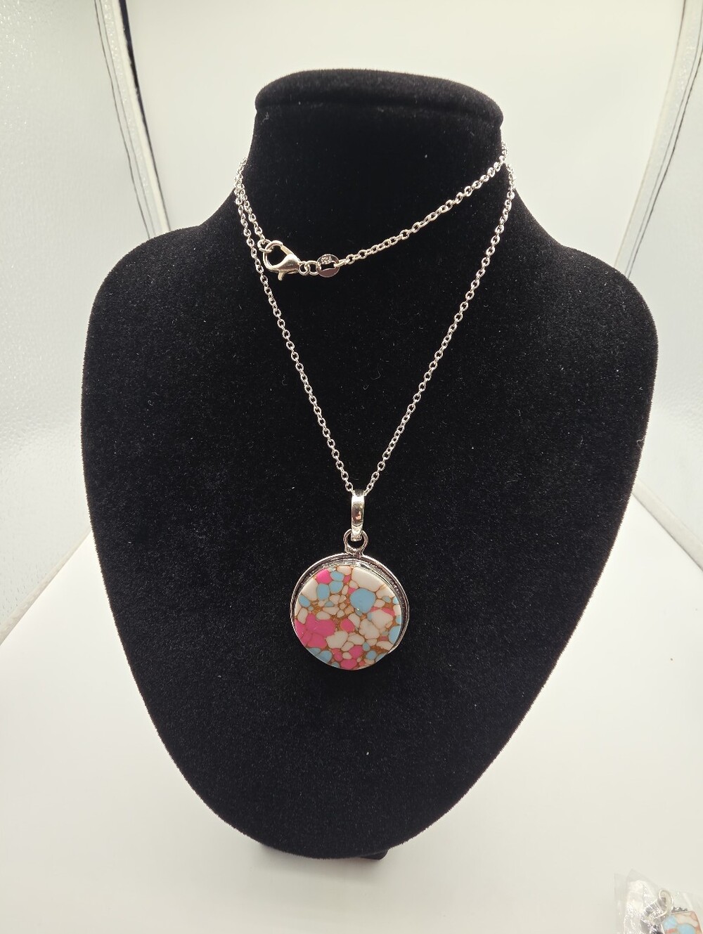 Cotton Candy Turquoise Style Round Pendant Necklace, 18-Inch 925 Chain